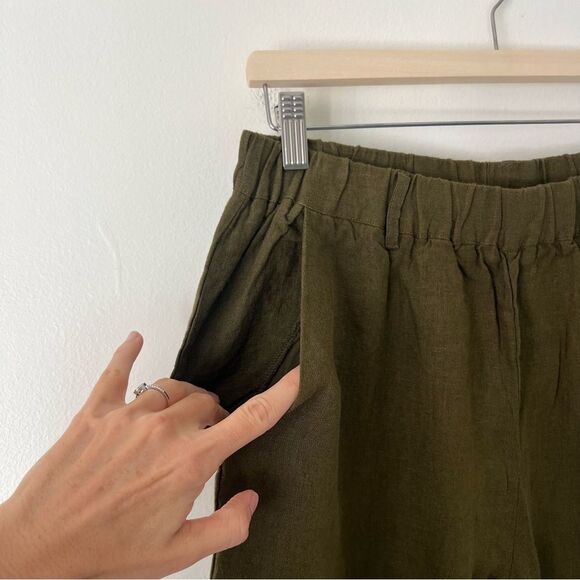 Quince 100% European Linen Cropped Pants NEW Size Medium Olive Green Pull on - Picture 7 of 10